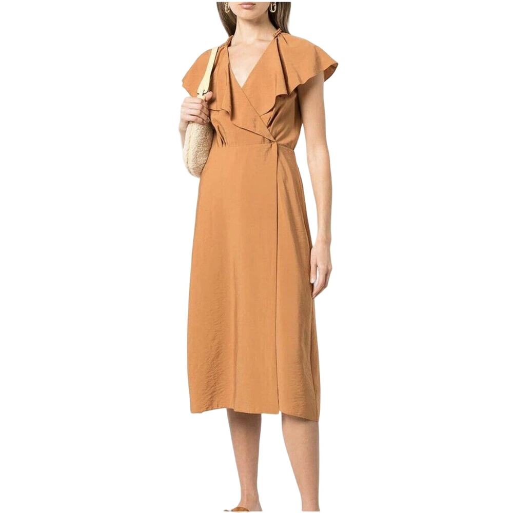 NWT VINCE Braid Trim Flutter Sleeve Midi Wrap Dress MEDIUM Copper Brown